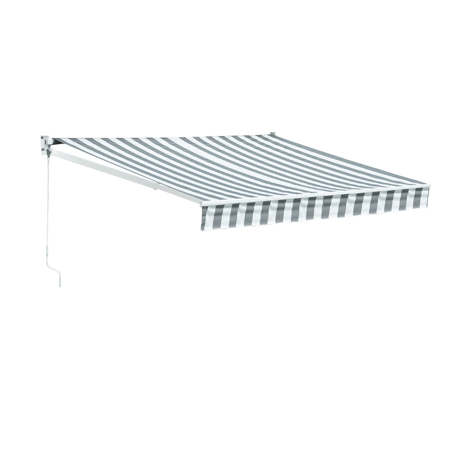 Store banne Saule 2,5 × 2m - Toile rayée Blanche/Grise et Structure Blanche