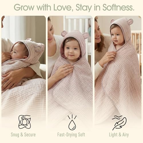 Image of Ultra-Soft Muslin Toddler Hooded Towel - 55 x 28 Inches, Made with Organic Cotton, Gender-Neutral Dusty Pink Striped Jacquard Pattern, Ideal for Bath & Beach, Newborn to Toddler