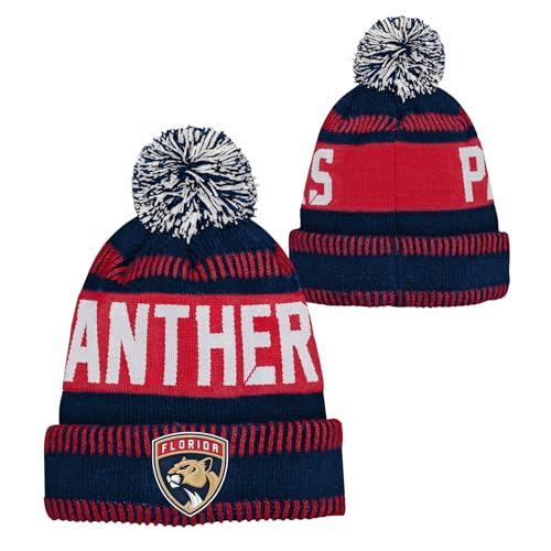 Outerstuff NHL Kids Youth 8-20 One Size Team Color Primary Logo Sports Tech Knit Cold Weather Hockey Pom Beanie Hat - Florida Panthers - Red