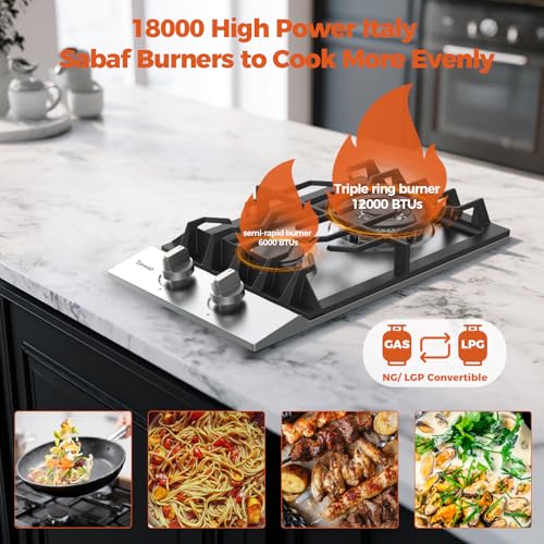 Image of TOPWISH 12 Inch Gas Cooktop, Gas Stove Top with 2 High Efficiency Propane Burner NG /LPG Convertible Stainless Steel Built-in Propane Stovetop with Thermocouple Protection for Apartments, Rvs