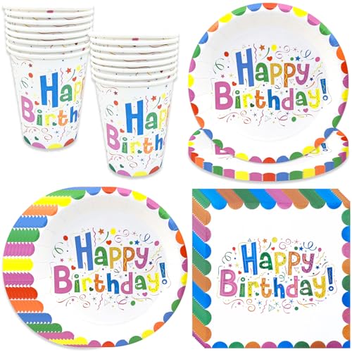 pekifaves Conjunto colorido de louça de festa de aniversário, feliz aniversário infantil, pratos de papel, canecas, guardanapos, 16 convidados, conjunto de louça para homens, mulheres e crianças