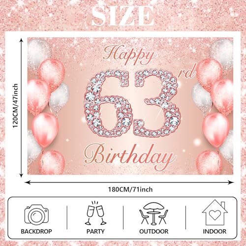 Image of Happy 63rd Birthday Rose Gold Banner Cheers to 63 Years Old Backdrop Confetti Balloons Theme Decor for Women 63 Years Old Pink Birthday Party Decorations Bday Supplies Background Favors Gift Glitter