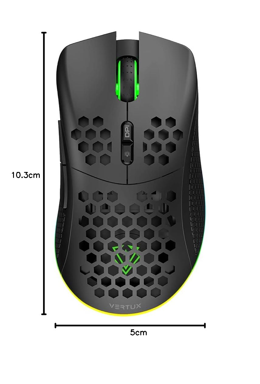 Vertux Ratón Gaming Inalámbrico, 7 Botones Programables, Sensor Óptico 16000 dpi, Recargable, Ajustable con LED RGB, 1000Hz, Ratón Gaming Dual, Diseño Honeycomb Ergonómico, PC/Mac/Portátil, Ammolite