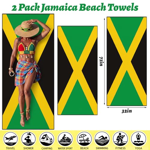 Image of Breling 2 Pack Jamaica Flag Beach Towel Oversized Lightweight Beach Towels 71 x 32 in for Women Men Quick Dry Sand Free Bath Towels for Jamaica Independence Day Beachs Pool Party Supplies