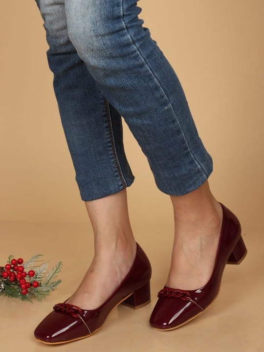 Image of ELLE Women's Square Toe Block Heels Slip-On Pumps with Chain Detail