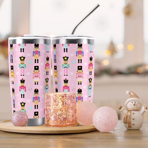 Whaline Pink Christmas Nutcracker Tumbler Stainless Steel Travel Tumbler with Lid Straw and Brush Xmas Winter Coffee Mug Cup for Holiday Birthday Gift - Thumbnail 4
