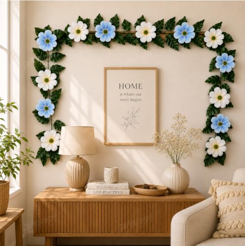 Image of Divyakosh Mango Leaf Vine with White & Blue Cosmos Flowers (6.5 FT) for Door Entrance Decor Creeper | Artificial Flowers Garland,Thoran,Festive Puja Wall Hanging for Diwali Navratri Ganpati Home Decor