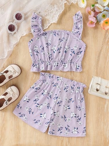 Image of Kids Toddler Girls Summer Clothes Button Design Striped Tank Top + Floral-Print Elastic Shorts 2 Piece Outfits
