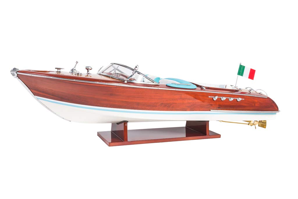 Seacraft Gallery Riva Aquarama Schiffsmodell, 69,8 cm (blau-weiße Ledersitze) – fertig montiertes Spielzeug-Speedboot Modell – Holzboot Spielzeug Modell-Dekor – montiertes Modell Schiffe Boote