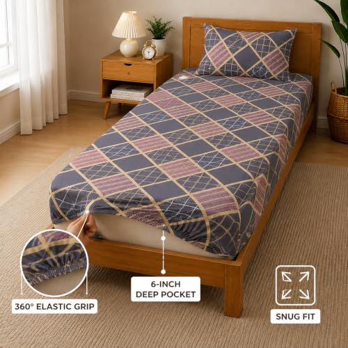 Image of Cotton Elastic Fitted Bedsheets with 1 Pillow Covers | Floral Printed Single Bed Elastic 220 TC Supersoft Breathable & Wrinklefree | for 36x72+6 Inches, Home Style Silver Charcoal Geometric