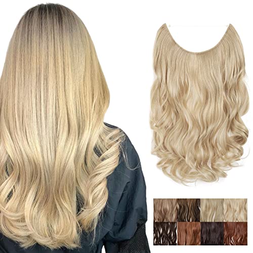 Elailite Extensiones de Hilo Invisible Cabello Rizadas Onduladas sin Clip Una Pieza Invisible Secreta Extensiones de Pelo Sintético 50cm Mezcla de Rubio Muy Claro Cover