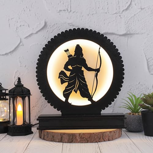 Image of Sacred Shri LED Ram Backlit Lamp - MDF Wooden & Acrylic Illuminated Table Light With Power Adapter, 8.25 inch Spiritual Indian Epic Decor