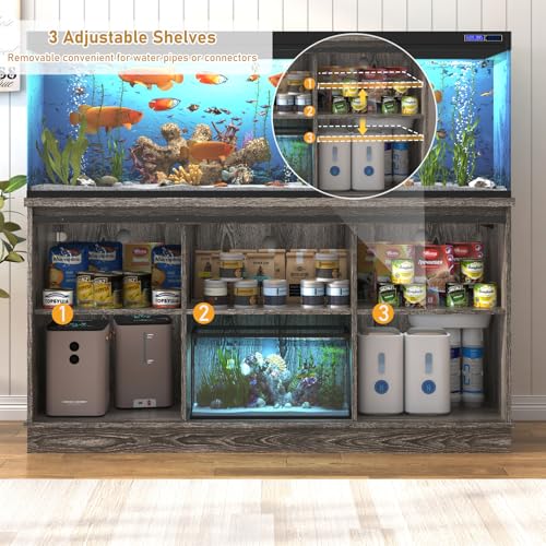 Image of Hlivelood Farmhouse 75-120 Gallon Fish Tank Stand with Power Outlet, Aquarium Stand w /Cabinet&Sliding Barn Door, Heavy Duty Reptile Tank Stand for Fish /Turtle /Reptile Terrarium, 1000LB Capacity, Grey