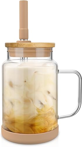 Tronco Vaso de vidrio de 22 onzas con asa, botellas de agua de vidrio con tapa de silicona y popote, taza de café helado reutilizable, café helado