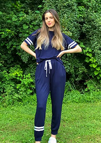 Image of PRETTYGARDEN Women's Two Piece Outfits Striped Short Sleeve Pullover and Long Pants Tracksuit Pajama Lounge Jogger Sets
