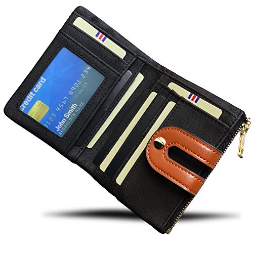 Small Genuine Leather Wallet for Women RFID Blocking Bifold Slim with Zipper Coin Pocket Black (Black)3