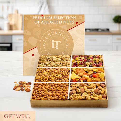 Image of Luxurious Treats Nuts Gift Basket, Get Well Basket Gourmet Collection Healthy Food Box Mixed Cravings Platter Tray Sampler Assortment Mix for Men Women, Feel Better Surgery Sympathy