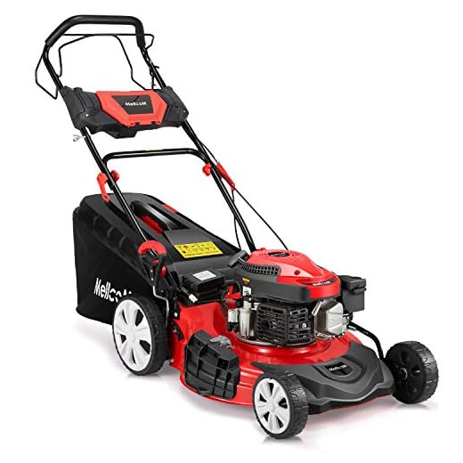 MELLCOM Gas Lawn Mower Electric Start 4-Cycle 173cc OHV 21-Inch Trimming Mower 4-in-1 Rear Wheel Drive Trimmer with 16 Gal Grass Box,8 Adjustable Mower Heights, Adjustable & Foldable Handlebars