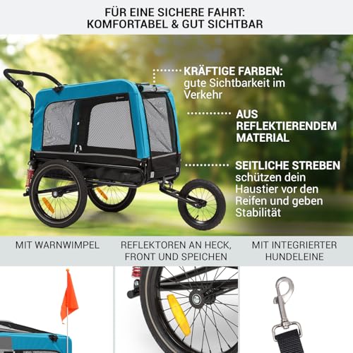 Klarfit Fahrradanhänger für Hunde, 2-in-1 Hundebuggy, Klappbar, Fahrradanhänger, Hundeanhänger Gefedert mit Reflektoren & Leine, für Hunde bis 40kg