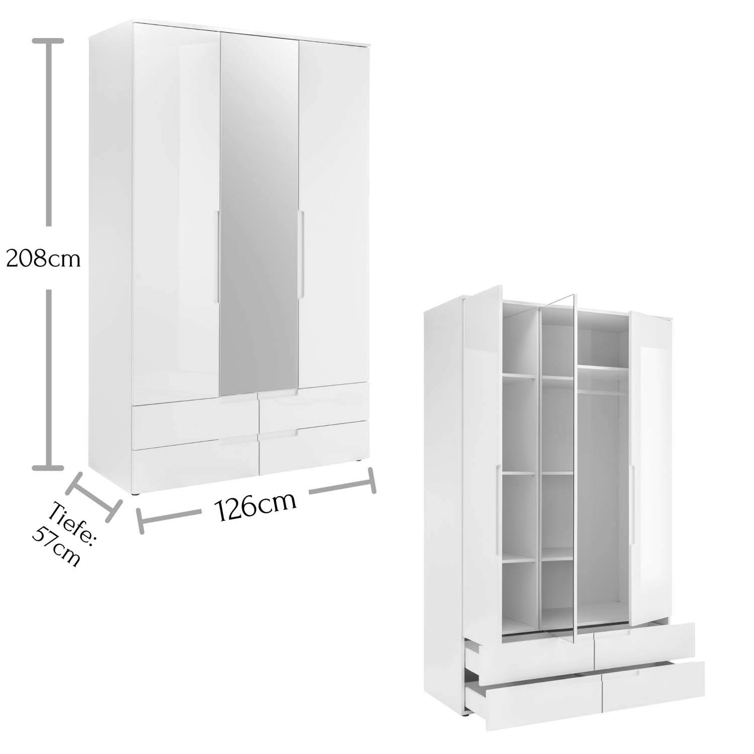 möbelando Schlafzimmerschrank Schrank Kleiderschrank Suzette I Weiß/Hochglanz/Spiegel