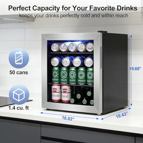 Image of Mini Fridge Cooler - Small Beverage Refrigerator Stainless Steel Glass Door for Soda Beer Wine-Countertop Drink Cooler for Home, Dorm, Office or Bar, Electronic Temperature Control,1.4cu.ft.