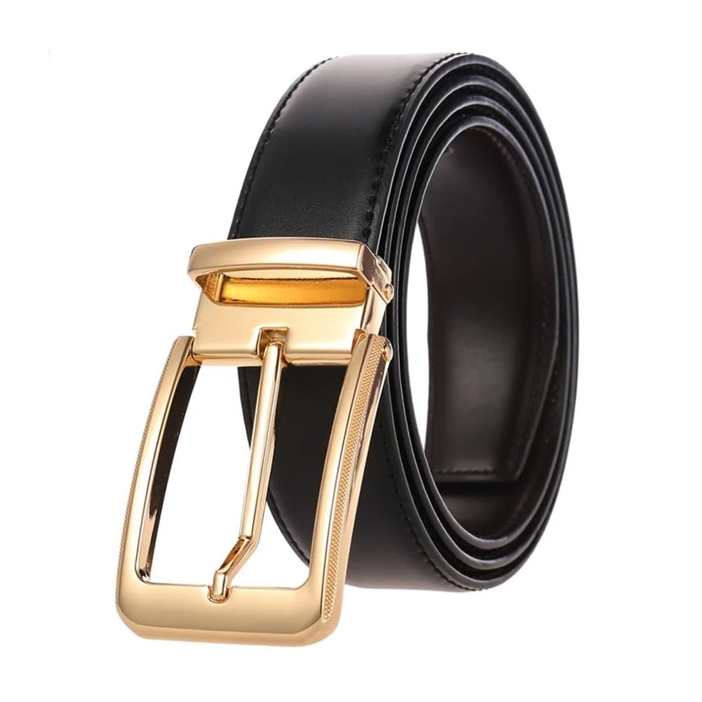 VONCYKI Men's Casual Belt Gold Alloy Buckle Trouser Belt Male 34mm Natural Cowhide Leather Brown Belt Girdles Waistband Mens Belt(130cm,Golden buckle black)