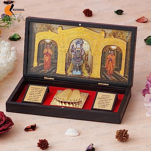 Image of 24K Gold Plated Religious Frame Rectangular Photo Frame Tabletop with Charan Paduka Return Gifts for Home Puja Office (SWAMI NARAYAN), 8.25 x 4.5 Inch