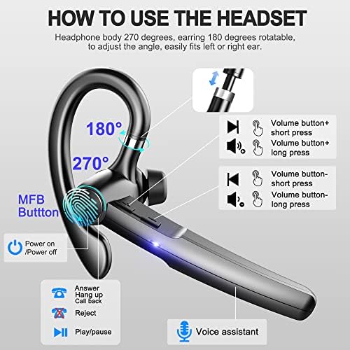 Bluetooth Headset,48Hrs Talk Wireless Headset with Microphone,Hands Free Bluetooth Earpiece Business/Office/Driving Wireless Earphones, In Ear Bluetooth Headphones Earbuds for iPhone Android Samsung