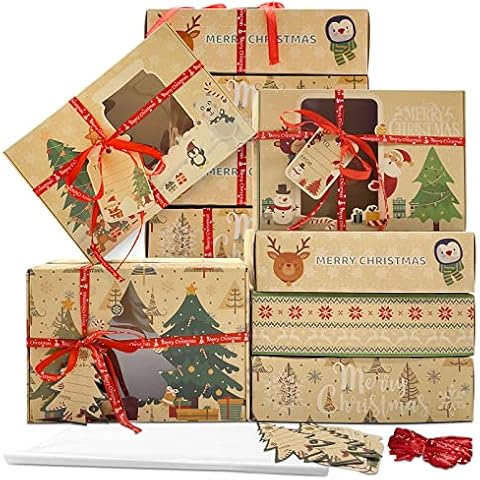 12 Packs Christmas Cookie Boxes with Window,Bakery Treat Boxes Gift Baking Box Christmas Kraft Gift Boxes with Ribbons and DIY Gift Tags for Gift Giving, Pastry, Candy, Party Favors (Large) Cover