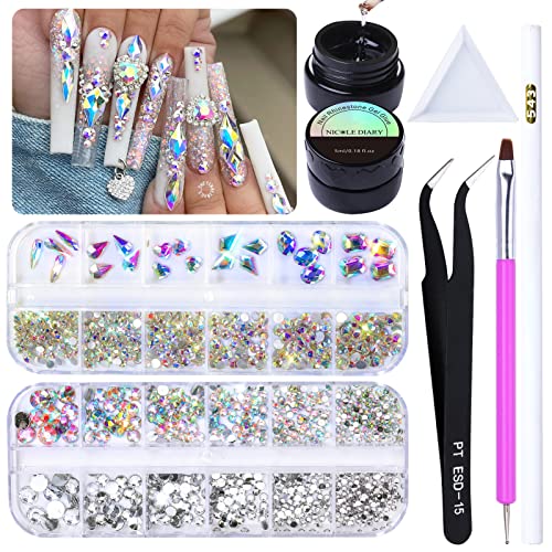 NICOLE DIARY Nail Art Rhinestone Glue Gel Kit - Include Adhesive Resin Gem Stones Jewelry Beads, Picking Pen, Dual-end Brush, Sorting Tray