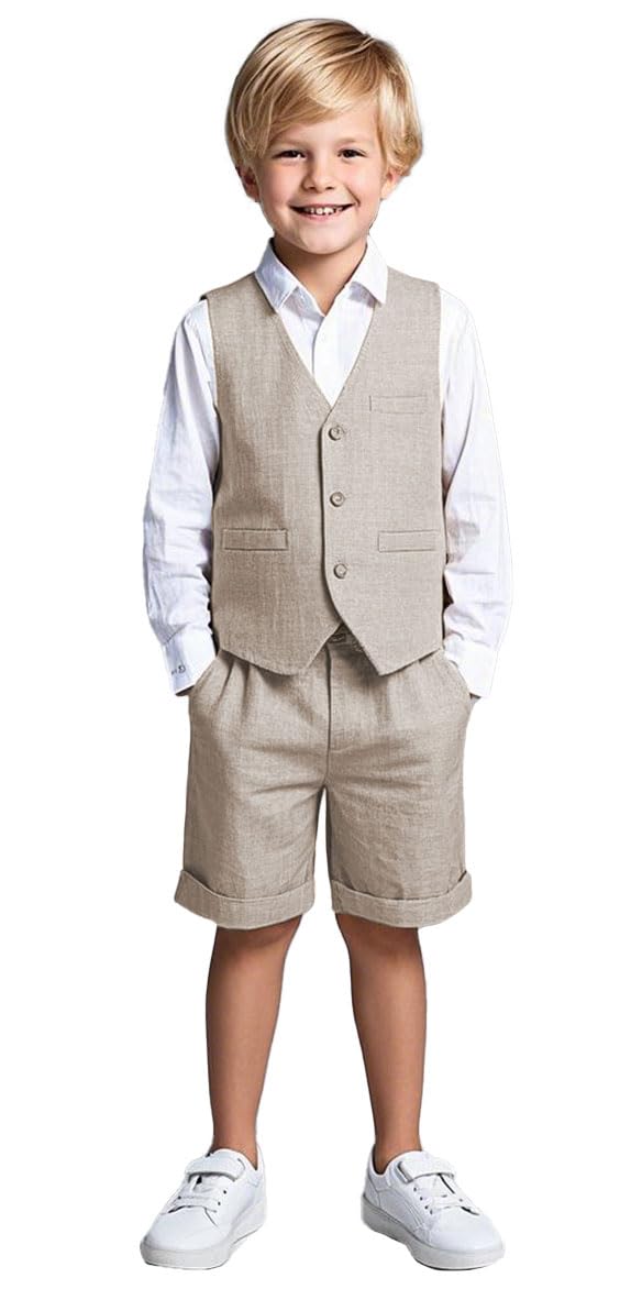 Set da smoking per bambini in lino, 2 pezzi, con gilet e pantaloni corti, per l'estate, spiaggia, matrimonio, per bambini