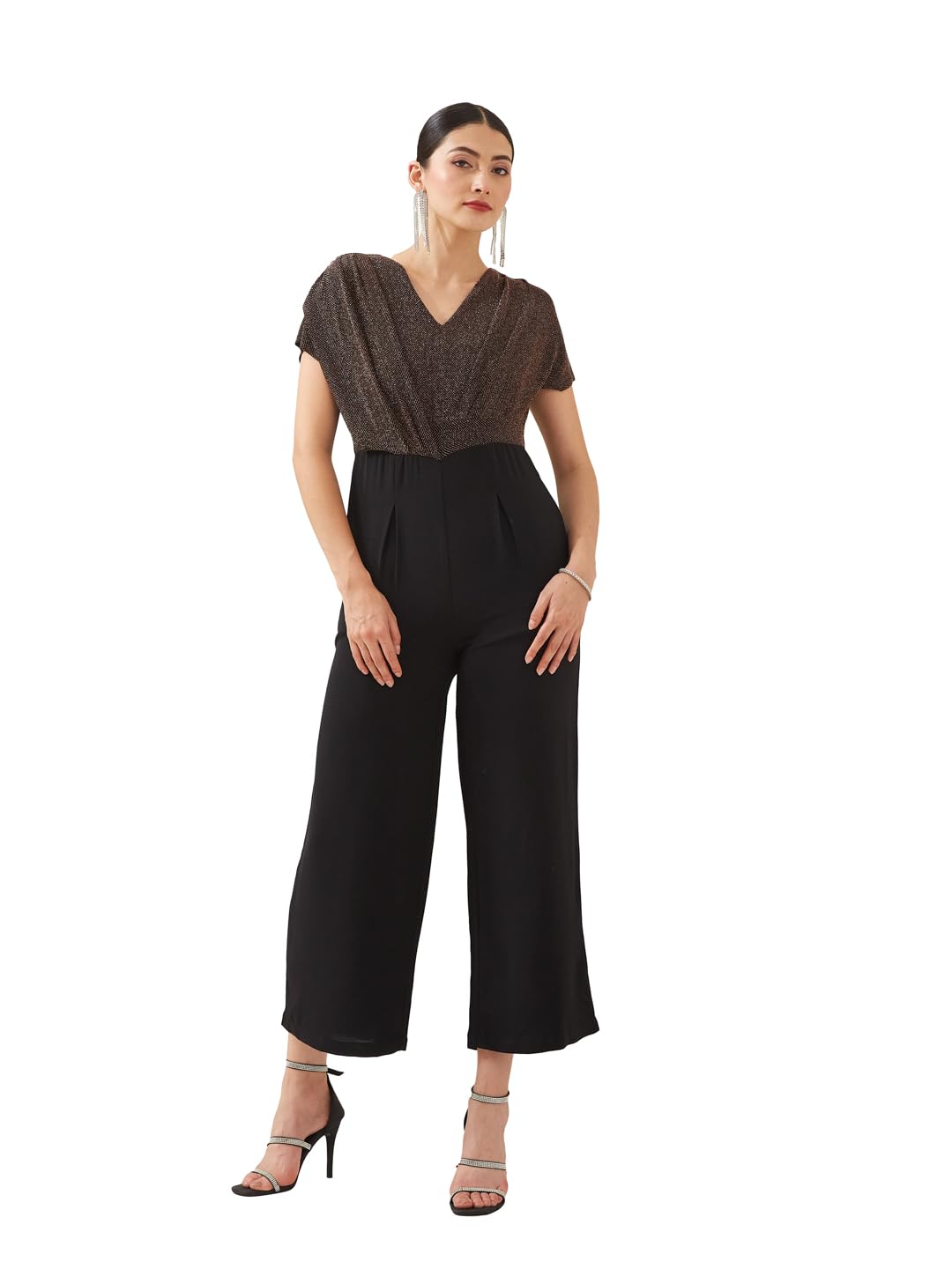 latin quarters Women Black V- Neck Short Sleeves Solid Party Jumpsuit-picture-16