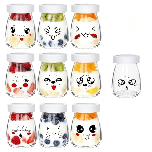 Flliberté 10 Pot de Yaourt vide, Pot Yaourt en Verre avec Couvercle hermétique, petit Pot de Yaourt emoticone pour Multicuiseur Thermomix, Cookéo, Yaourt Maison...