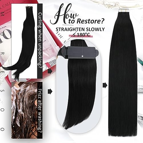 Image of Moresoo Jet Black Human Hair Extensions Tape in, 18 Inch, 40Pcs, 100g | Human hair tape in extensions, higher-density set, straight strands, flat tabs for long layers and weekend styling use