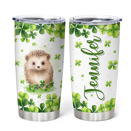 Hyturtle Personalized Gifts Hedgehog Lover - With Lucky Four Leaf Clover Custom Name Coffee Tumbler Cup Stainless Steel 20oz, Animal Lover Gifts For Women, Girl On Birthday, St Patricks Day