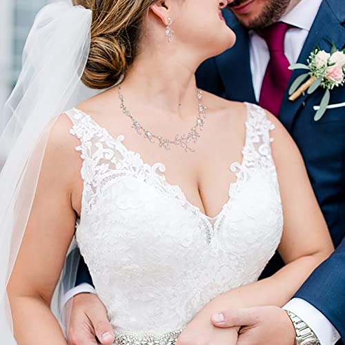 EVER FAITH Wedding Jewelry for Bride Women Bridesmaid, Sparkly Cubic Zirconia Pear-Shaped Birthstone Leaf Necklace Earrings Set for Prom3