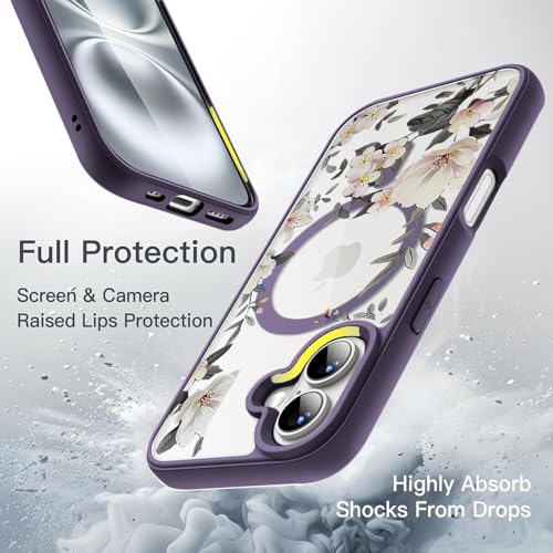 Image of VONZEE Back Cover Case Compatible with iPhone 17, Luxury Retro Flowers Floral Clear for Magnetic Wireless Charging Case Shockproof PC+TPU Cute Glossy Shiny Cover for Girls Women, 6.3'' Deep Purple