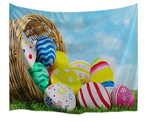 A.Monamour Coloré Oeufs De Pâques Peints Dans Le Panier Sur L'Herbe Verte Pelouse Ciel Bleu Vacances Thème Impression Décoration Murale Tapisserie Murale Pour Enfants Garçon Garçon Chambre 153X130Cm