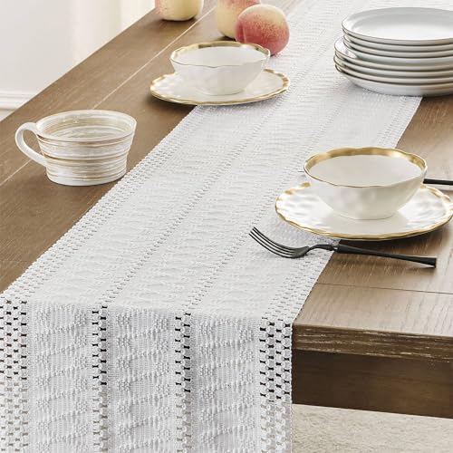 Image of ZeeMart Macrame Style Boho Table Runner, White Table Runners 48 Inches Long, Farmhouse Woven Home Decor, 12x48 Inch, White