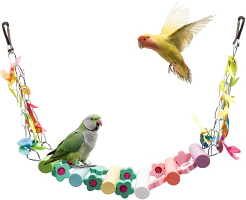 Colorful Wooden Bridge Bird Swing – Hammock-Style Swing Toy with Painted Rungs, Floral Accents & Metal Hooks for Budgies, Cockatiels & Small to Medium Birds