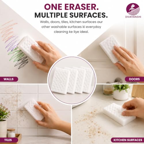Image of Divayanshi Magic Eraser Sponge Pack of 4 | Powerful Stain Remover with Just Water | No Scratch Multi-Surface Cleaning Sponge for Kitchen, Bathroom, Walls, Shoes & Switchboards