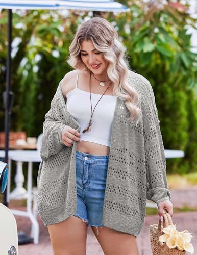 Image of IN'VOLAND Womens Plus Size Crochet Cardigan Lightweight Long Sleeve Open Front Oversized Boho Sweaters Kimonos