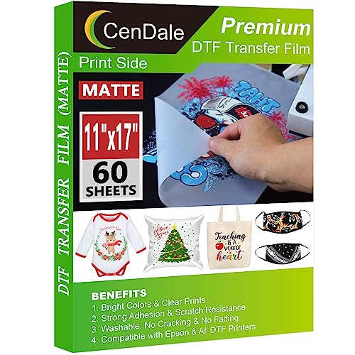 CenDale DTF Transfer Film 11x17 - 60 Sheets Double-Sided Matte DTF Film for Sublimation Hack on Cotton Direct to Film Printing on Dark and Light T-Shirts Textile Hot & Cold Peel DTF Paper