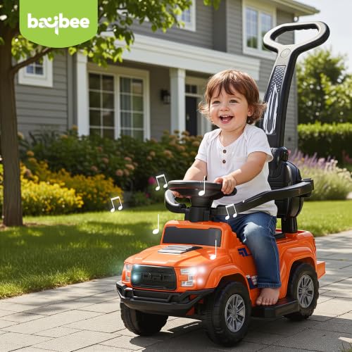 Image of Baybee Roady Pro Ride on Car for Kids | Baby Push Ride on Jeep with Parental Handle & Safety Guardrail | Rideons Toy Car with Backrest, Light & Music | Baby Ride on Cars for Kids 1-3 Years (Orange)