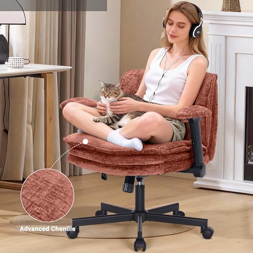 Image of Criss Cross Chair with Wheels and Flip Arms, Upholstered Cross Legged Office Chair with 3 Layer Cushions&Dynamic Airbag Lumbar Support, Wide Seat Comfy Desk Chair for Home Office, Living Room, Orange