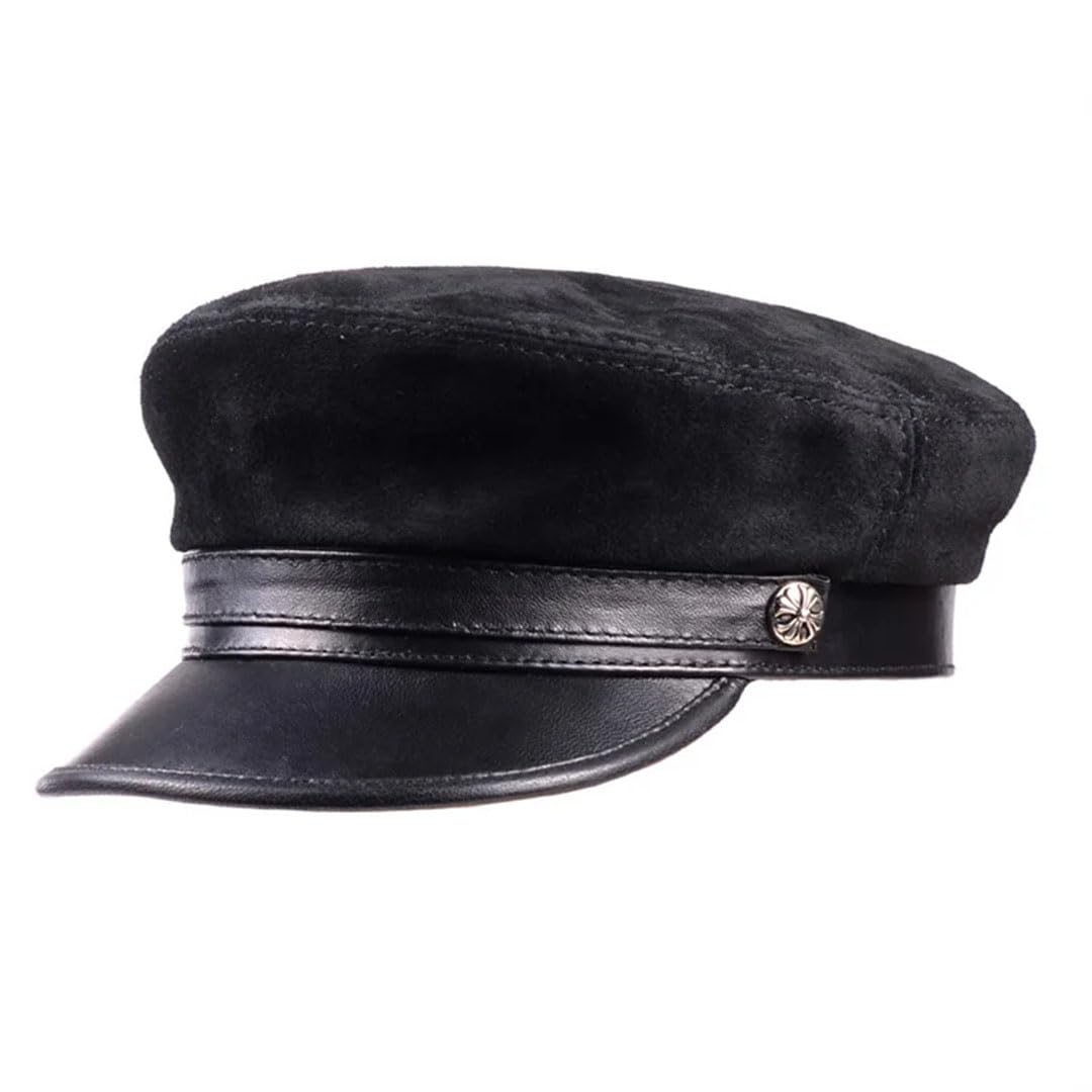 Sombreros de gamuza de piel auténtica para hombre y mujer, unisex, color azul marino, con cinturón de metal, gorra plana marrón/morado