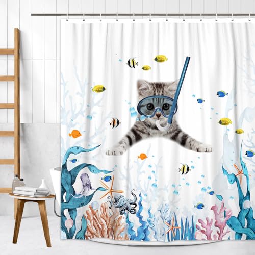 Image of Funny Cat Shower Curtain,Cute Cat Teal Blue Sea OceanShower Curtain Set,Underwater Animal Fabric Shower Curtains for Bathroom with Hooks 72X84inches