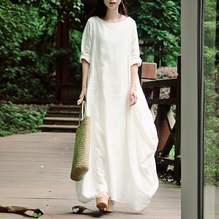 Image of Women's 2025 Spring 100% Linen Long Dress with Long Sleeve Maxi Dress Casual Loose Fitin Solid Color Pockets