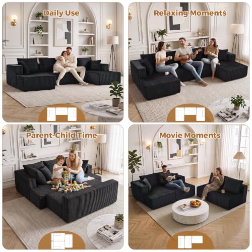 Image of 132 inch Boneless Couches for Living Room, U Shaped Modular Sectional Corduroy Comfy Cloud Memory Foam Deep Seat Boneless Sofa, No Assembly Required Couch for Living Room with Double Chaise, Black