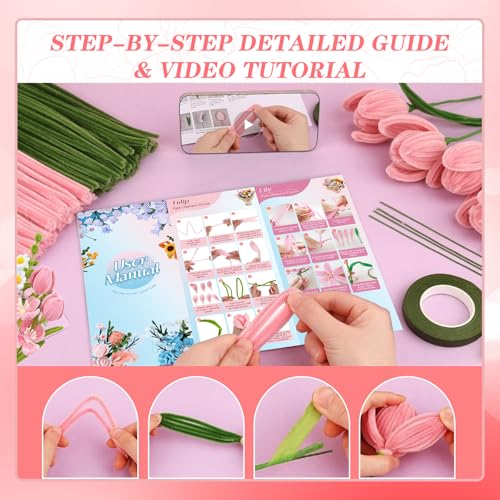 Pipe Cleaner Flower Bouquet Kit, 650Pcs 7 Colors Pink Tulip Set - image 5